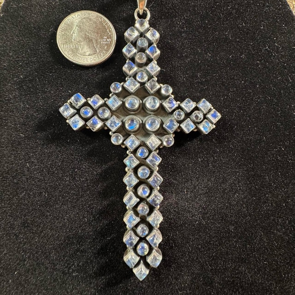 925 Sterling Silver Cross Pendant Rainbow Moonstone White Labradorite Statement